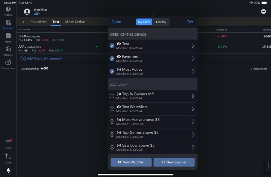 The manage watchlists and scanners menu on iPad